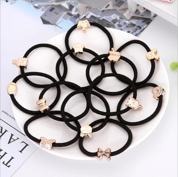 Samyak Elastic Hair Ties For Girls & Women, 50Piece Soft Stretch Ponytail Holders, NoPull Hair Bands With Cute Charms, Black