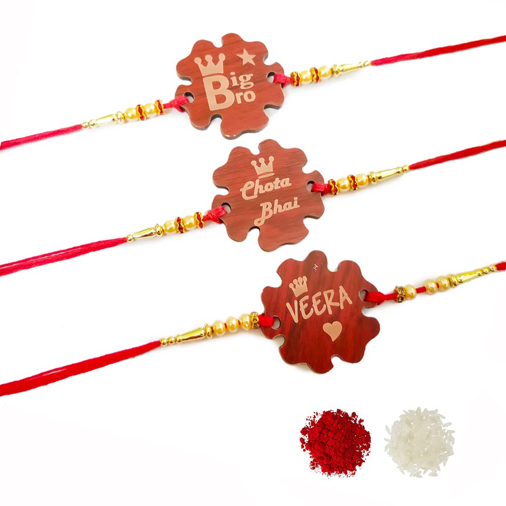 Avanti Creations Set Of 3 Wooden Rakhi For Brother With Roli Chawal