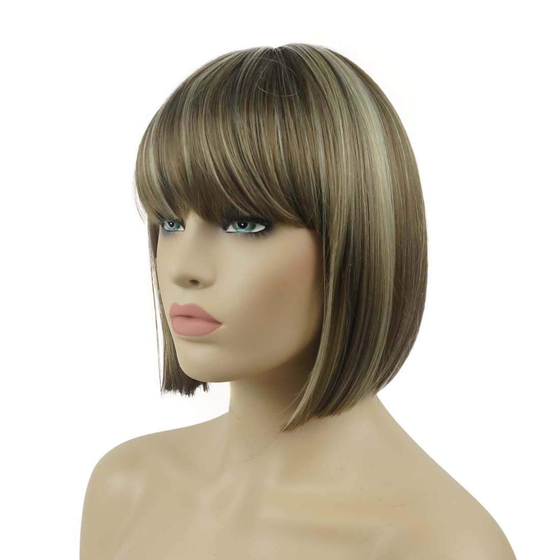Lydell 8'' Straight Short Bob Hair Flat Bangs Cute Central Dot Skin Top Heat Resistant Synthetic Wigs (18-22 Light Ash Brown)