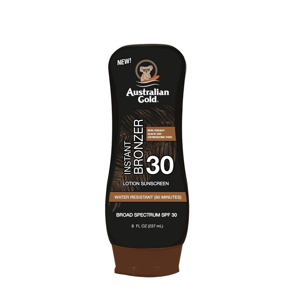 Australian Gold Sunscreen Lotion With Instant Bronzer, Broad Spectrum, Water Resistant, Non-Greasy, Oxybenzone Free, Cruelty Fre