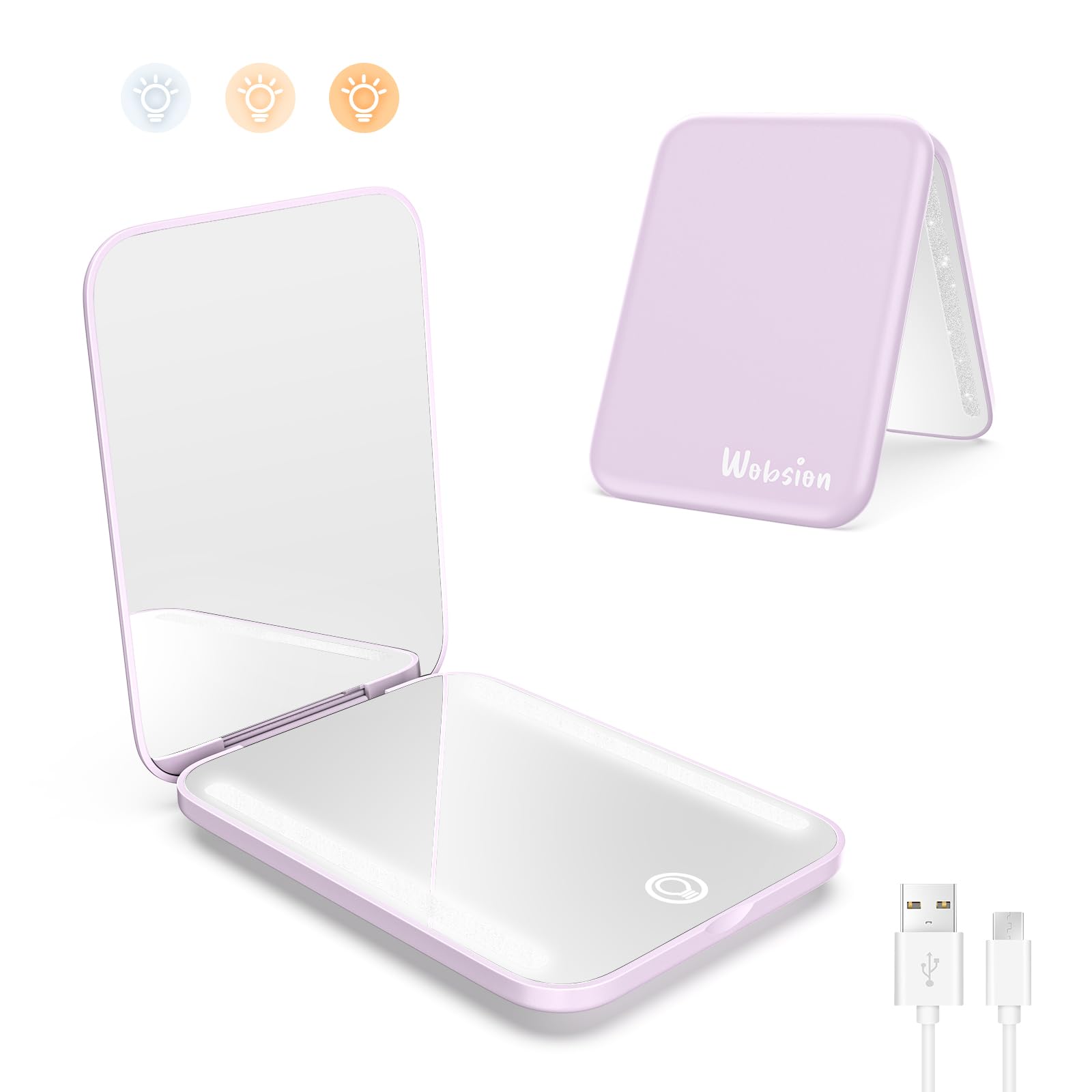 Wobsion Rechargeable Travel Mirror,1X/3X Magnification Compact Mirror,3 Color Lights Pocket Mirror,Dimmable Portable Makeup Mirr