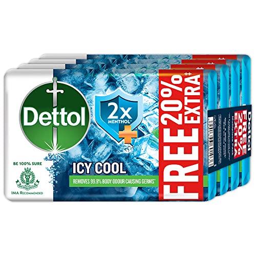 Dettol Icy Cool Bathing Soap Bar With 2X Menthol (600Gm), 125Gm + 20% Extra Free, Pack Of 4