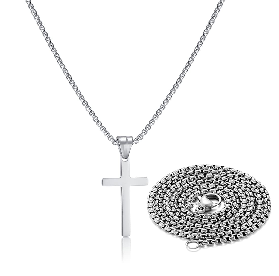 Stainless Steel Cross Necklace for men,Silver Cross Necklace for boys kids tiny Small Cross Pendant Necklace 24 inches Simple Je