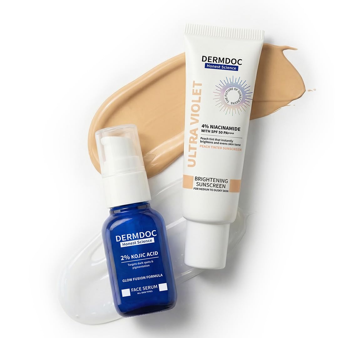 DERMDOC Brightening Duo | 2% Kojic Acid Face Serum (20ml) & SPF 50 Ultra Violet Peach Brightening Sunscreen with 4% Niacinamide 