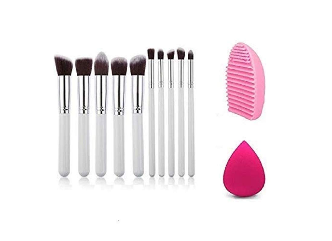 Angelie Professional White Makeup Brush Set Of 10 With Sponge Puff And Brush Cleaner