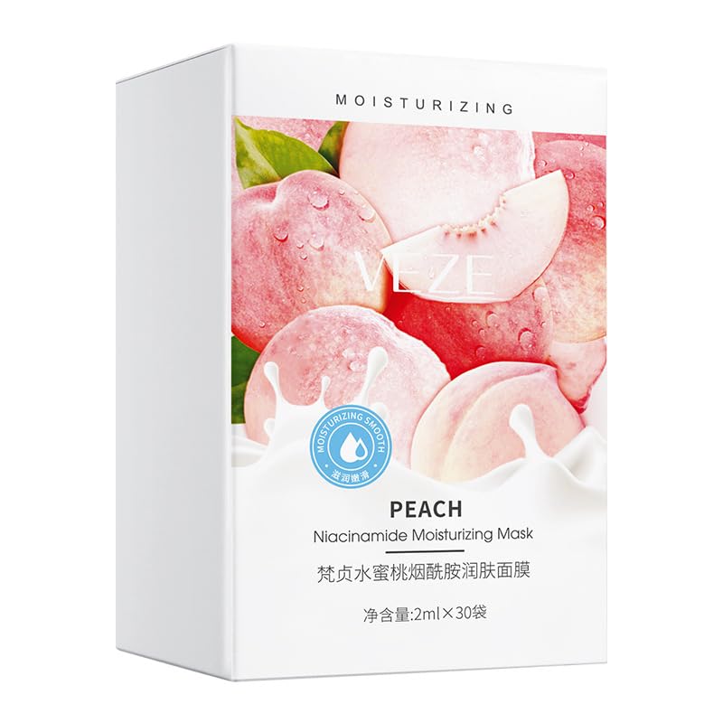 Viareline Honey Peach Niacinamide Moisturizing Face Mask, Hydrating, Firming, Smooth Skin, 30 Count