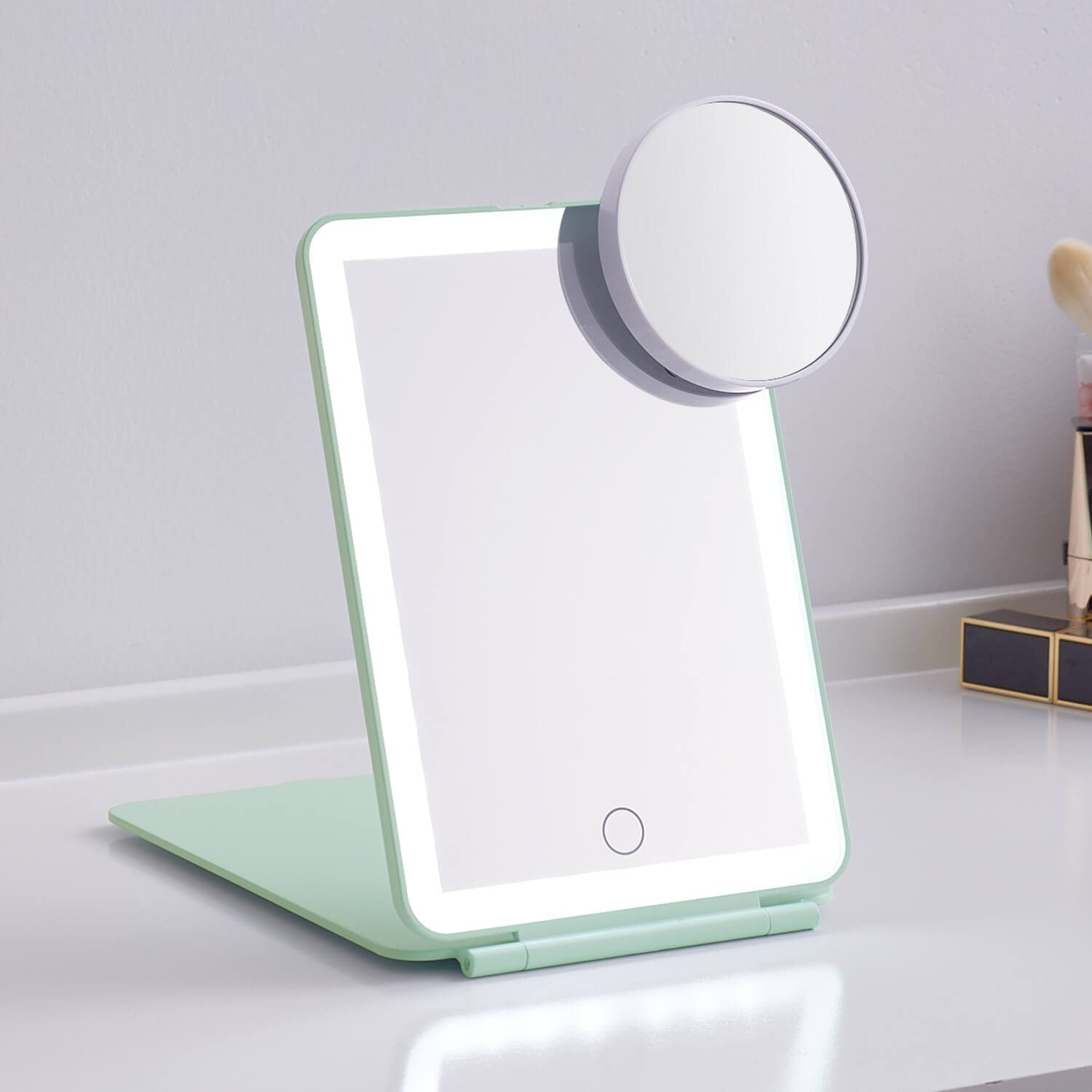 LED Foldable Travel Makeup Mirror - 5x7 inches3 Colors Light Modes USB Rechargeable Touch Screen, Portable Tabletop Cosmetic Mir