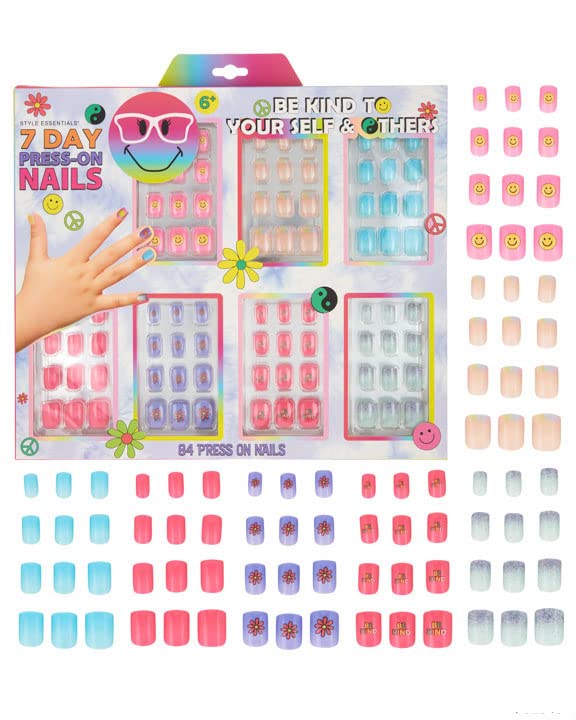 Expressions 7 Day Manicure Collection - 84PC Press On Nail Set, Day-Of-The-Week Adhesive False Nails for Girls (PEACE-SMILEY Col