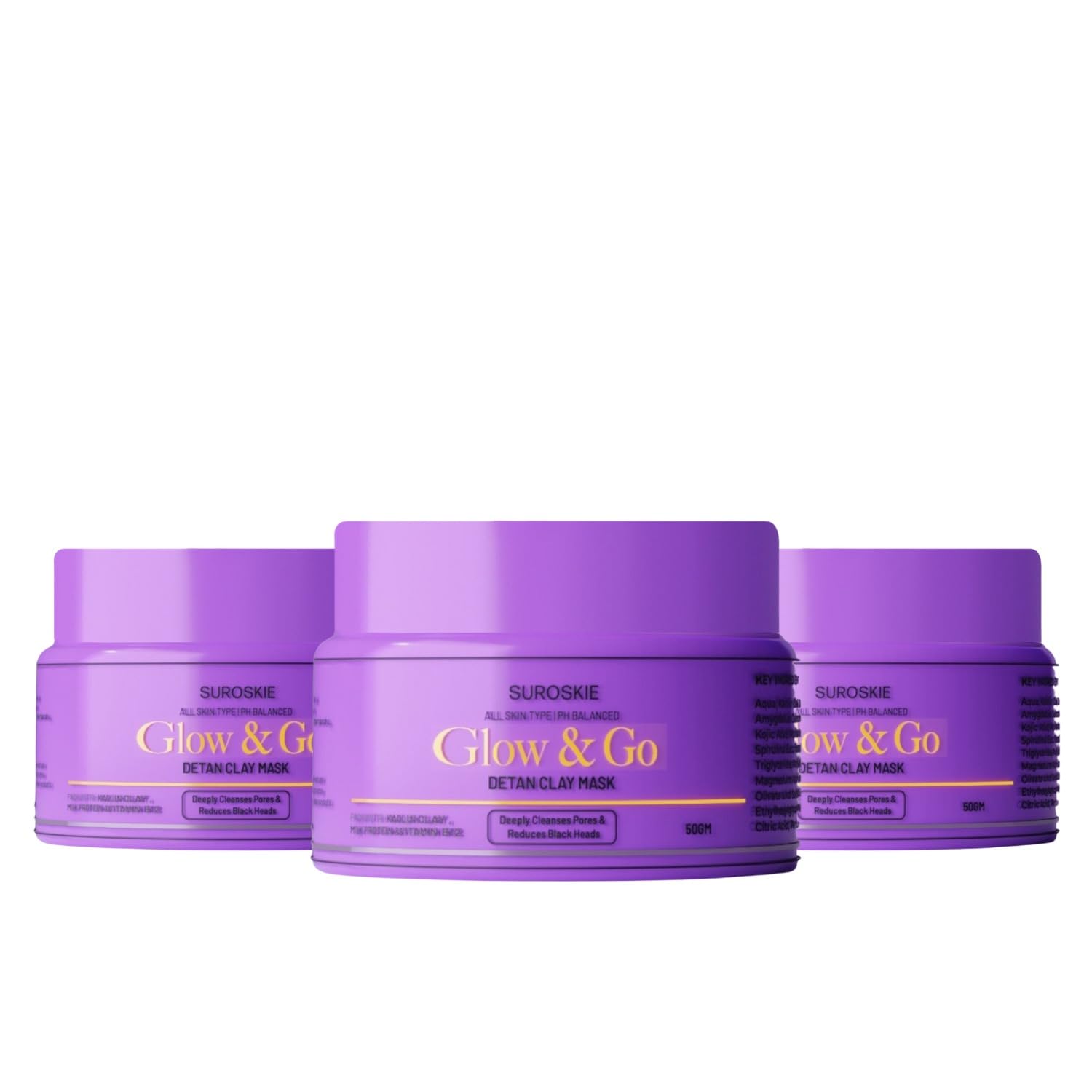 Suroskie Glow & Go De-Tan Clay Face Mask 50 Gm (Pack Of 3) | With Kaolin Clay & Kojic Extract | Glowing & Instant Brightening Sk