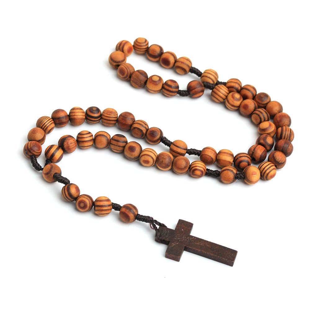 COLORFUL BLING Classic Natural Wood Beads Cross Pendant Necklace for Men Women Religious Rosary Jewelry Handmade Prayer Accessor