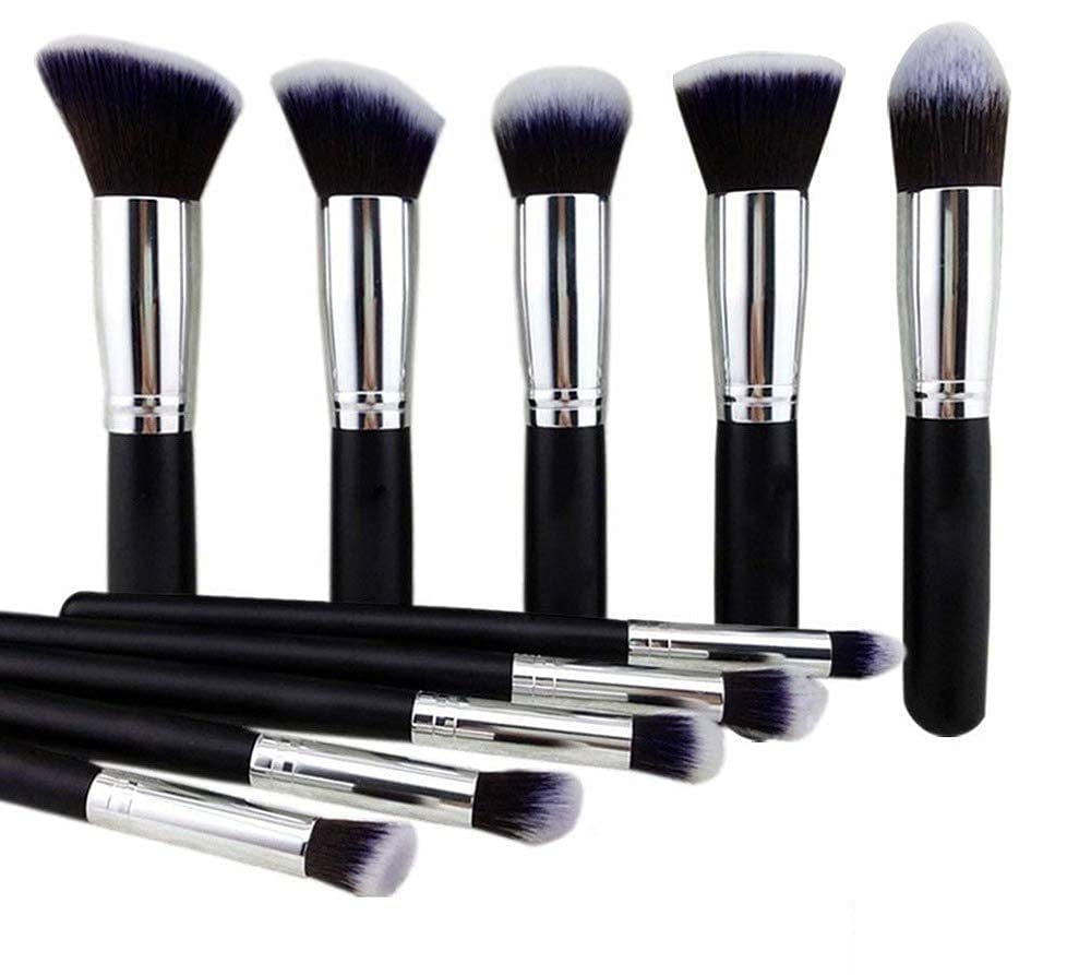 Datnasayad Foundation Eyeliner Eyeshadow Makeup Brushes Tools With Sponge Puff  (Set Of 10 Pieces), (Colour  Black)