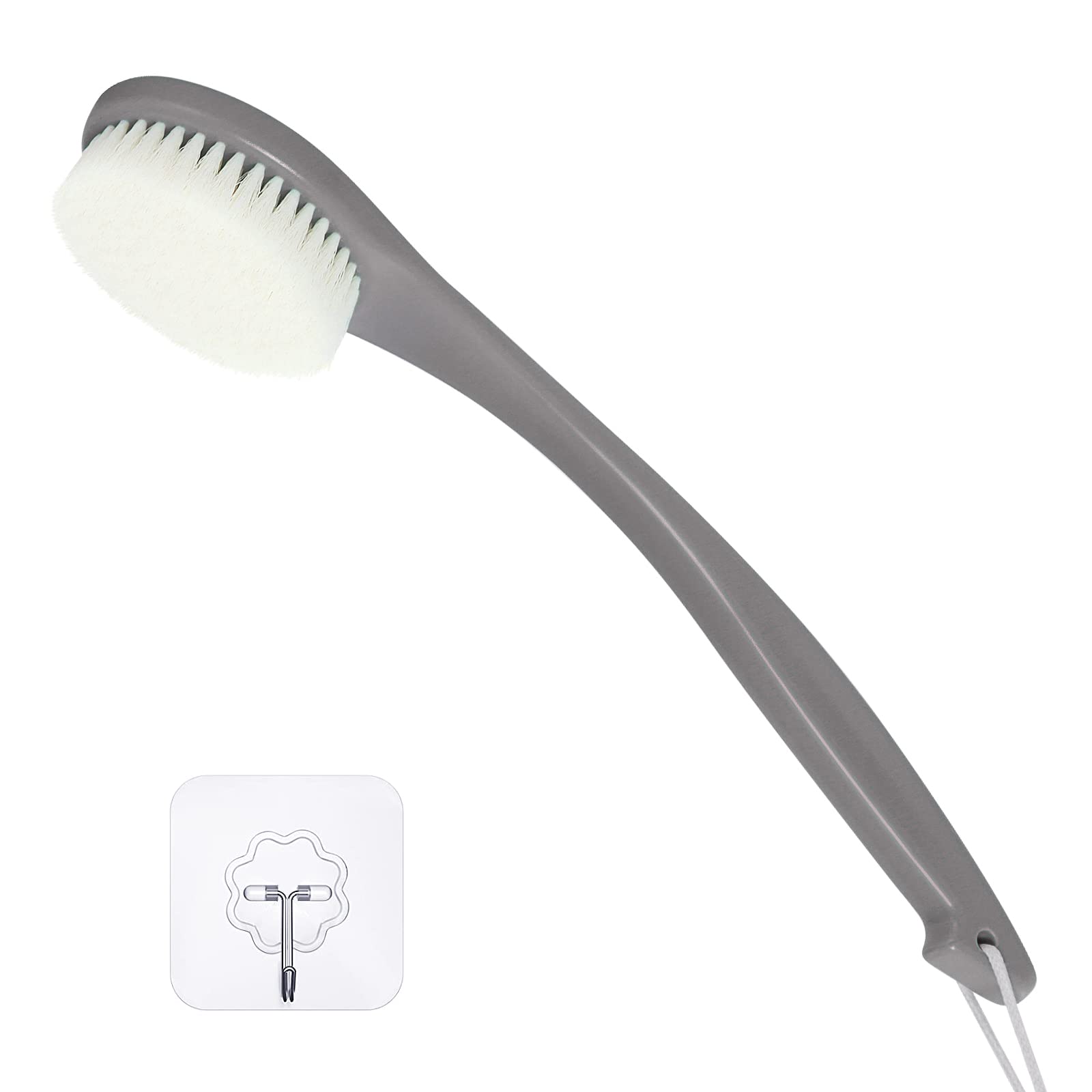 ROLIZOE Bath Brush Long Handle for Shower, Soft Bristle Back Scrubber for Shower, Ergonomics Curved Long Handle Back Brush Exfoliating Body Scrubber with Hook and Lanyard-Grey