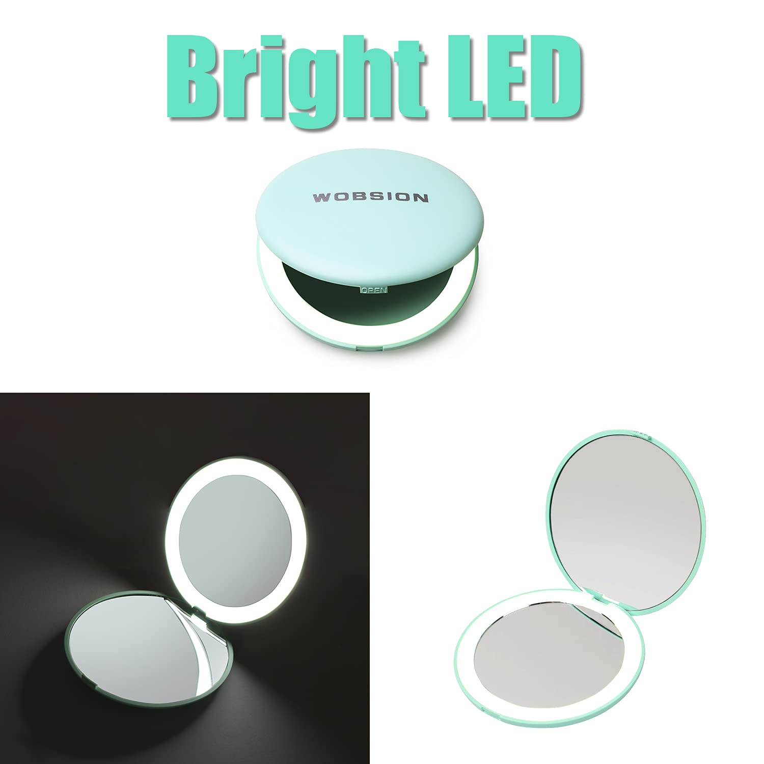 Wobsion Compact Mirror With Light, 1X/10X Magnification Compact Mirror For Purses,Handheld 2-Sided Mirror,Travel Makeup Mirror,3