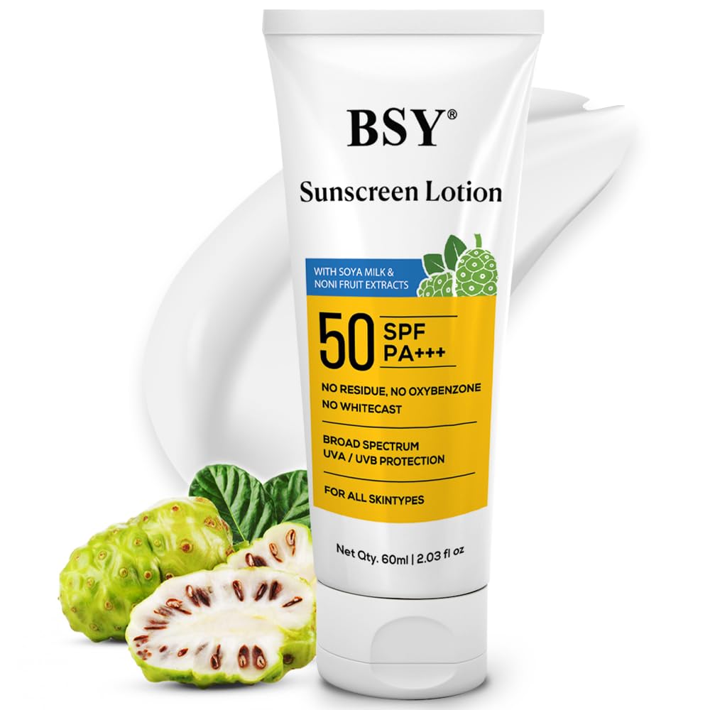 BSY Noni Sunscreen Lotion SPF 50 PA+++ (2.03 fl oz) | Infused with Noni & Soy Milk Extracts | Mineral Sunscreen with No White Ca