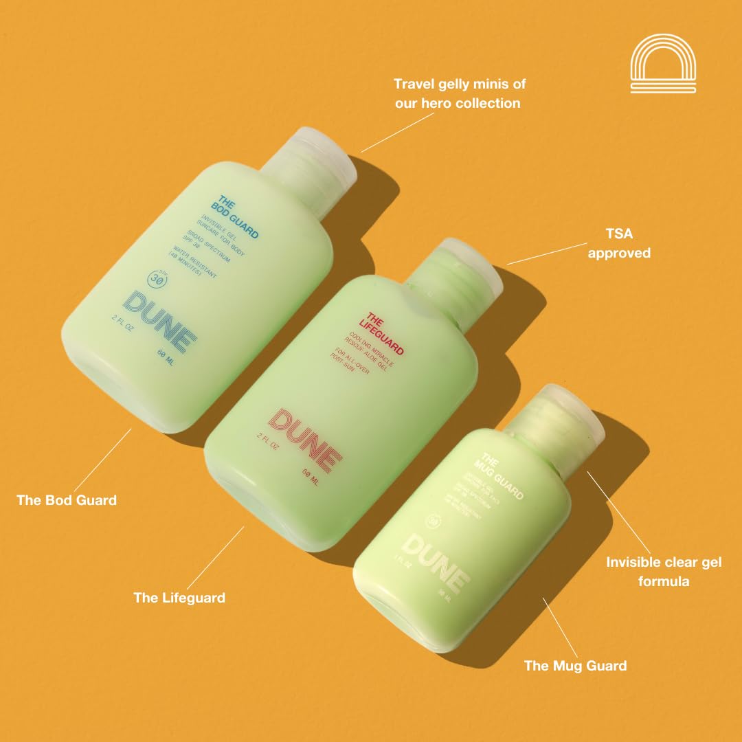 DUNE Suncare Jetsetter Gelly Pack Mini Travel Set - 7x Award-Winning Dermatologist Recommended Clear Gel Suncare for Face and Bo