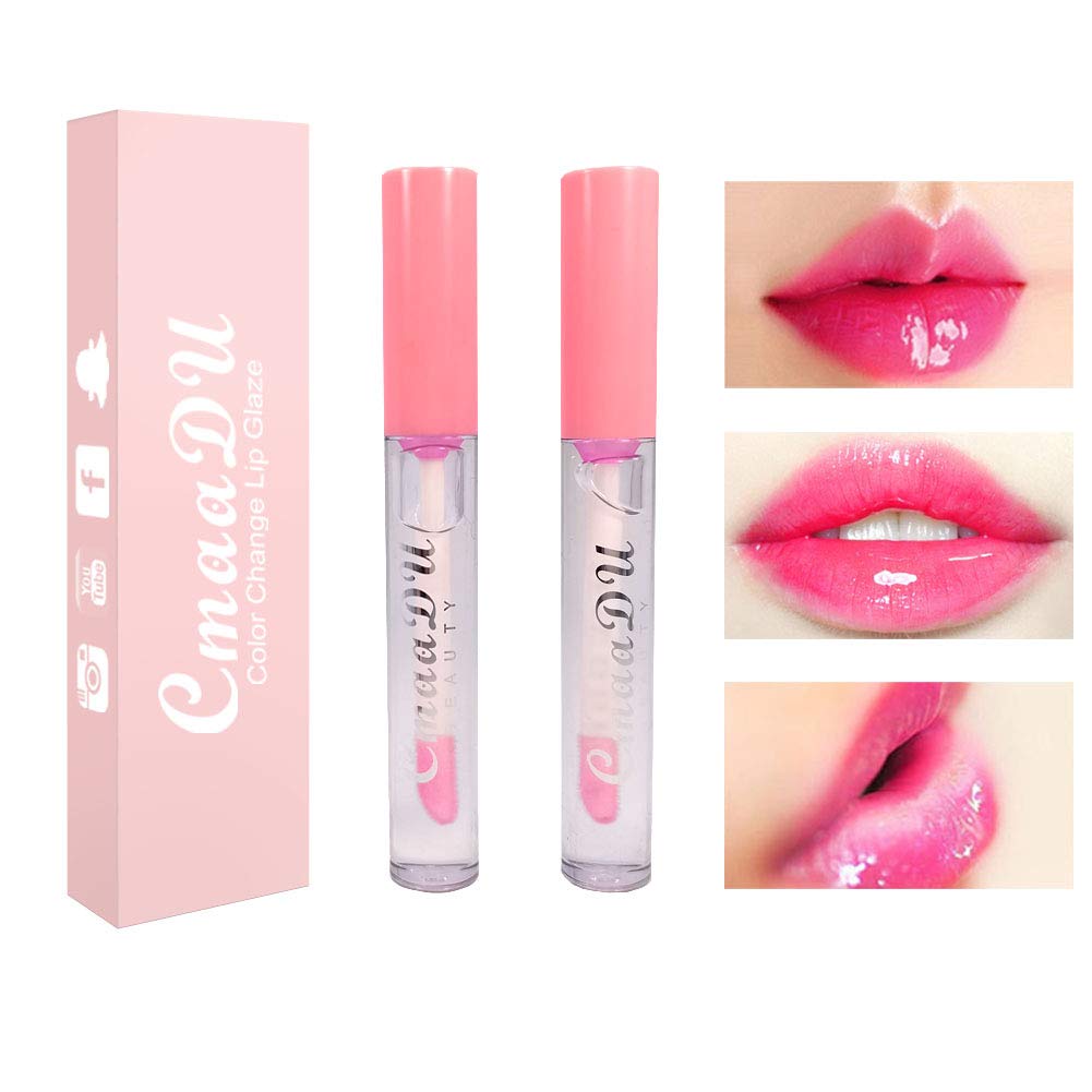BINGBRUSH 2 Pcs Color Changing Lip Gloss Lip Oil Tinted, Pink Magic Mood Lipstick,Temperature Color Change Lip Stain Lip Balm, L