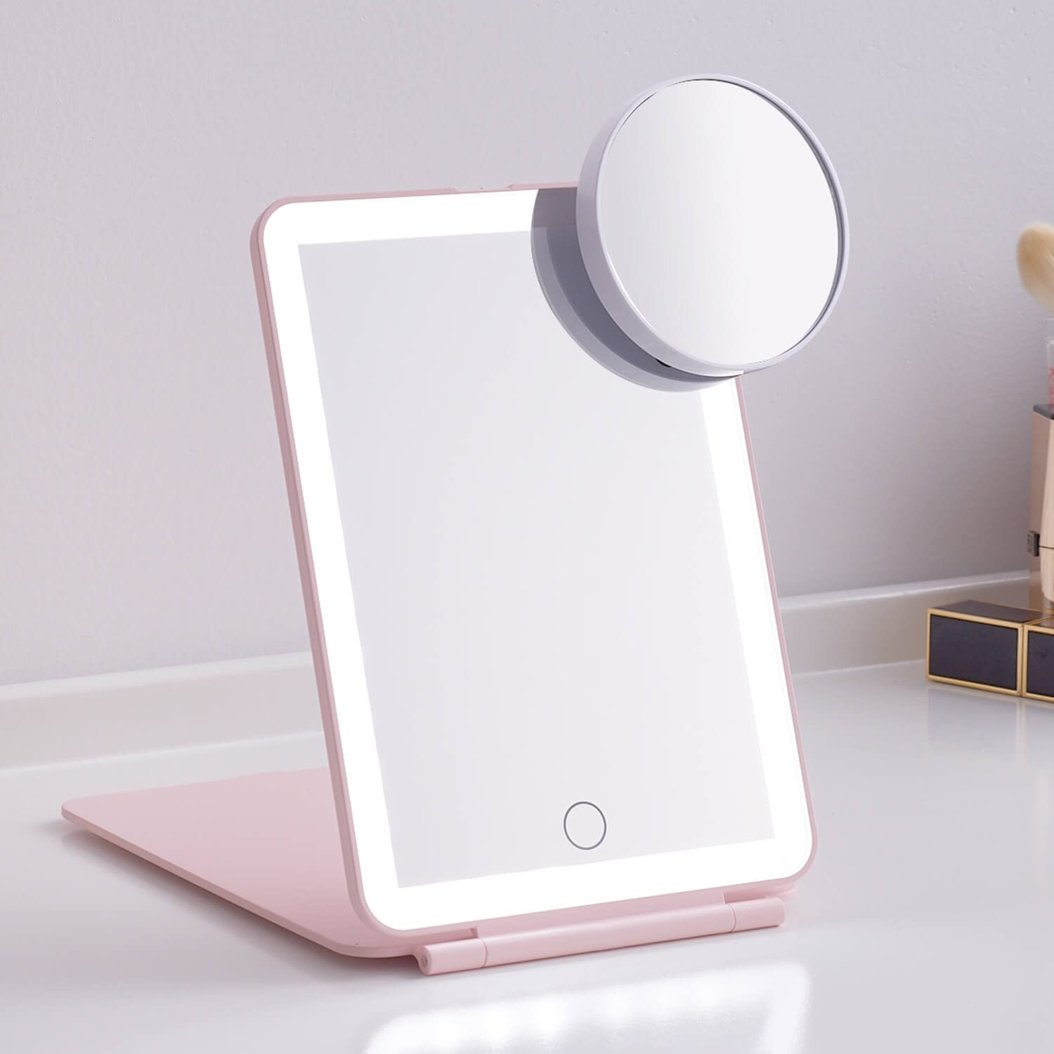 LED Foldable Travel Makeup Mirror - 5x6 inches3 Colors Light Modes USB Rechargeable Touch Screen, Portable Tabletop Cosmetic Mir