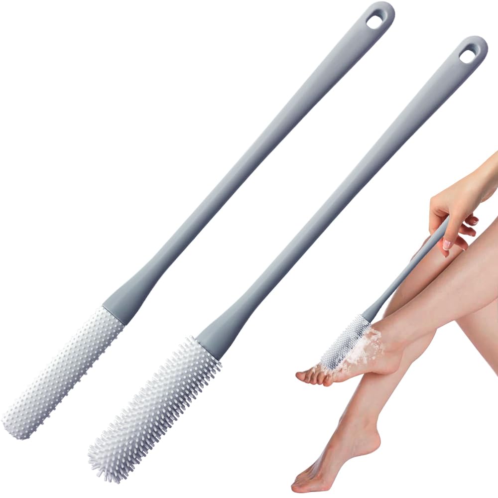 Toe Cleaning Brush 2 Pack, Foot Scrubber in Shower with 15.7 Long Handle, Silicone Foot Brush Soft Skin Exfoliation Lotion Appl