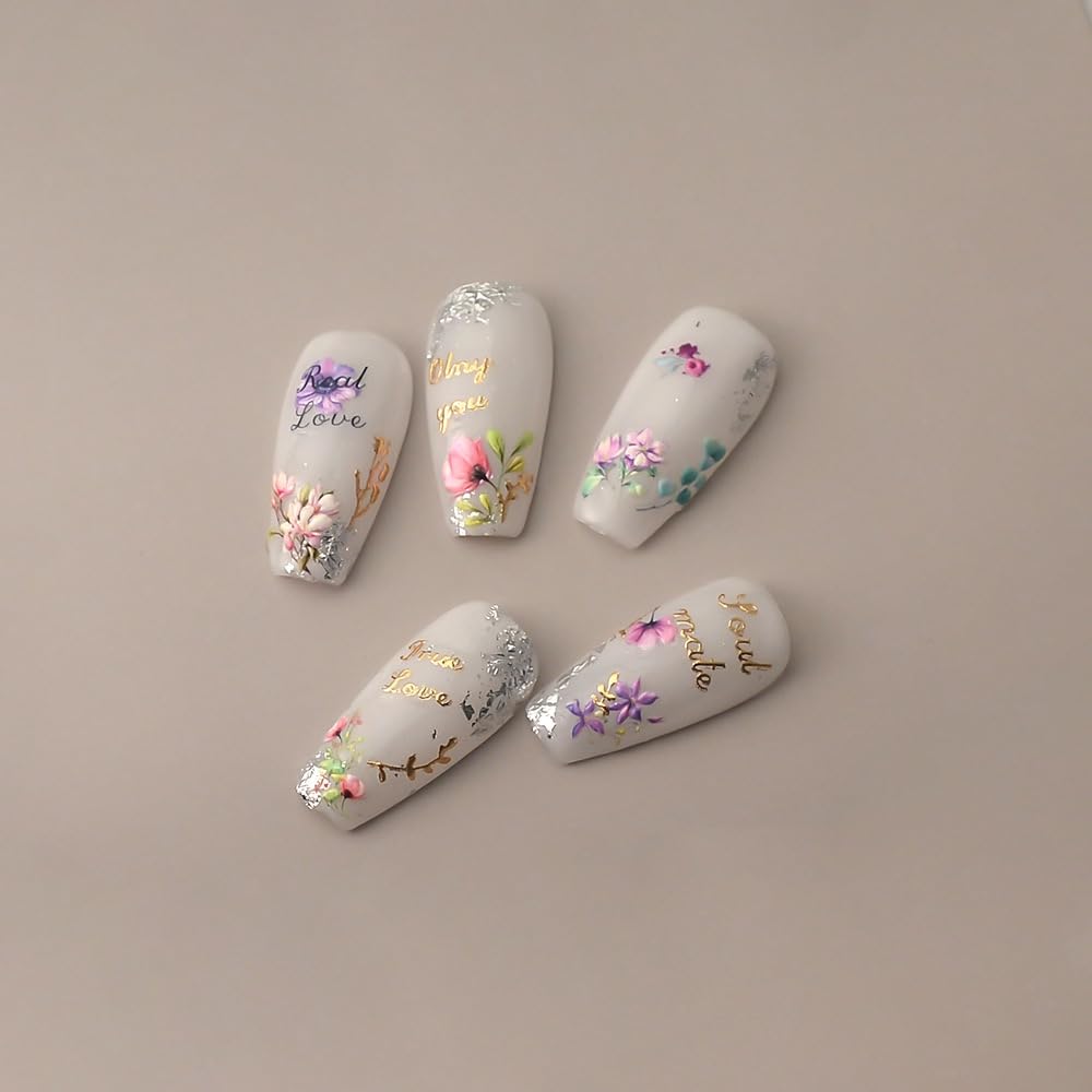 5D Embossed Flower Nail Art Stickers Floral Nail Stickers Flower Nail Decals Self-Adhesive With Leaf Designs Spring Summer Nail