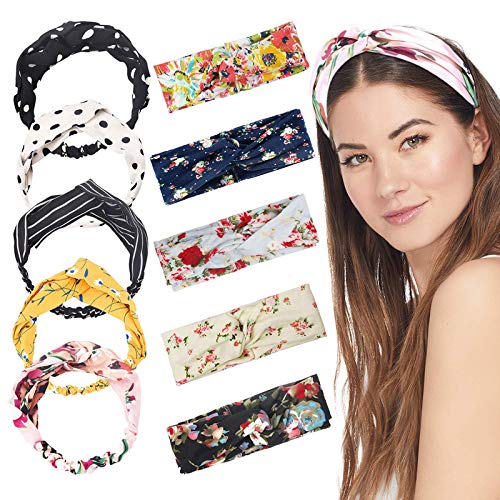Fameza 10 Pieces Women Head Band,Girls Headwraps Hair Bands, Boho Headbands For Women,Bohemian Floral Style, Vintage Flower Prin