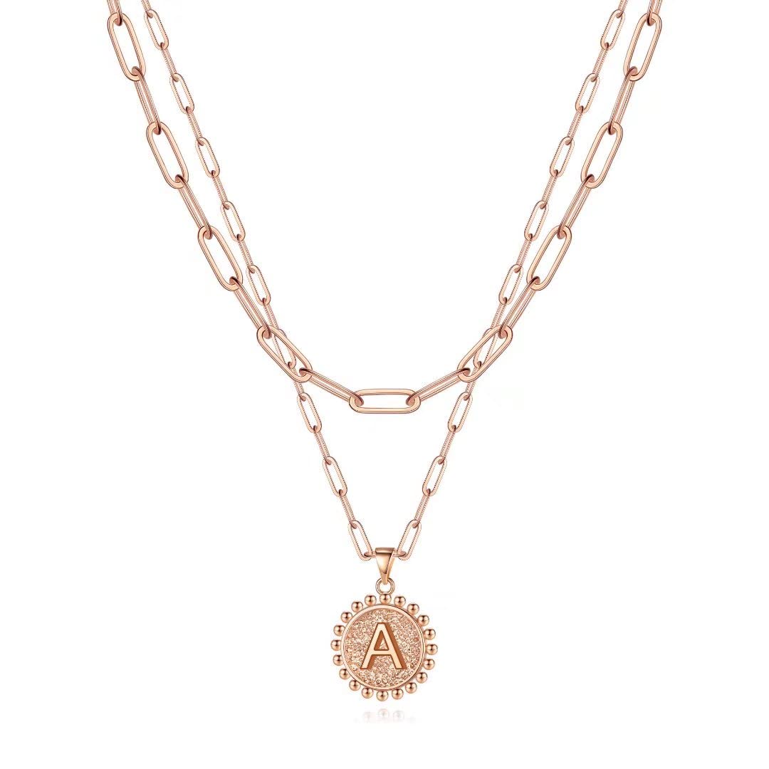 Ursteel Layered Initial Necklaces for Women, Rose Gold Necklace for Women Letter A Initial Pendant Necklaces Paperclip Chain Nec