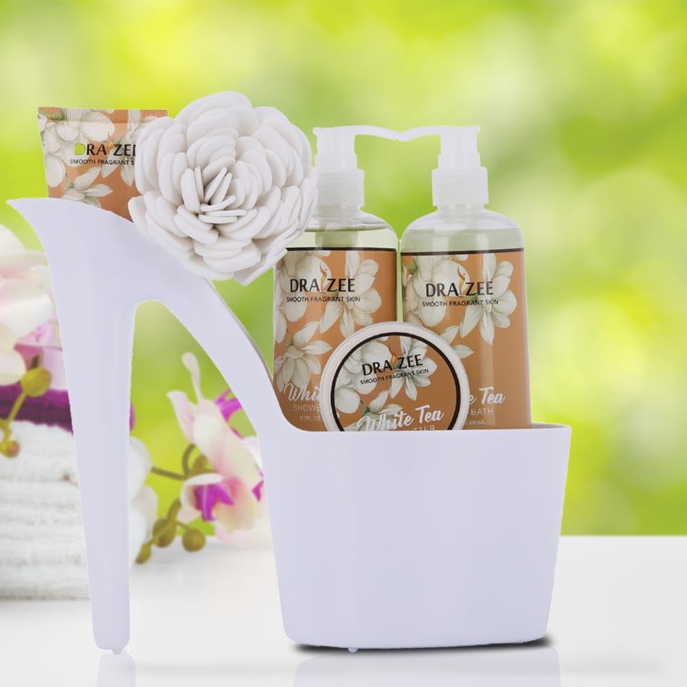 Spa Gift For Women - 5 Pcs Luxury Heel Shoe Spa Basket For Women White Tea Scent Home Relaxation Set W/ Body Lotion & Butter, Sh