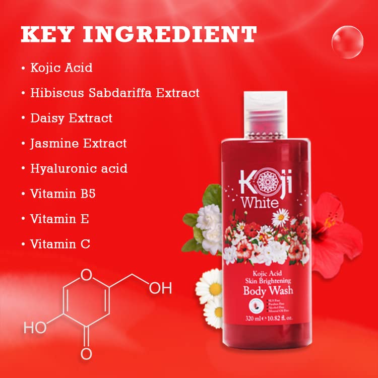 Koji White Kojic Acid Skin Brightening Body Wash - Daily Moisturizing Skin Cleanser, Uneven Skin Tone With Flower Acid Extracts,