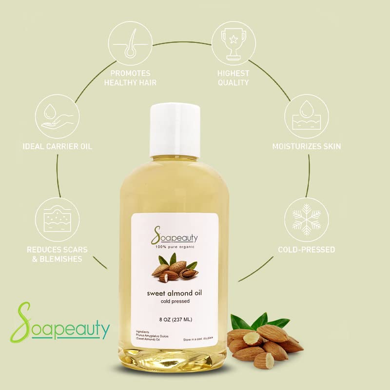 Soapeauty Organic Sweet Almond Oil Cold Pressed Refined | 100% Pure Sweet Almond oil Available in Bulk | Carrier for Essential O