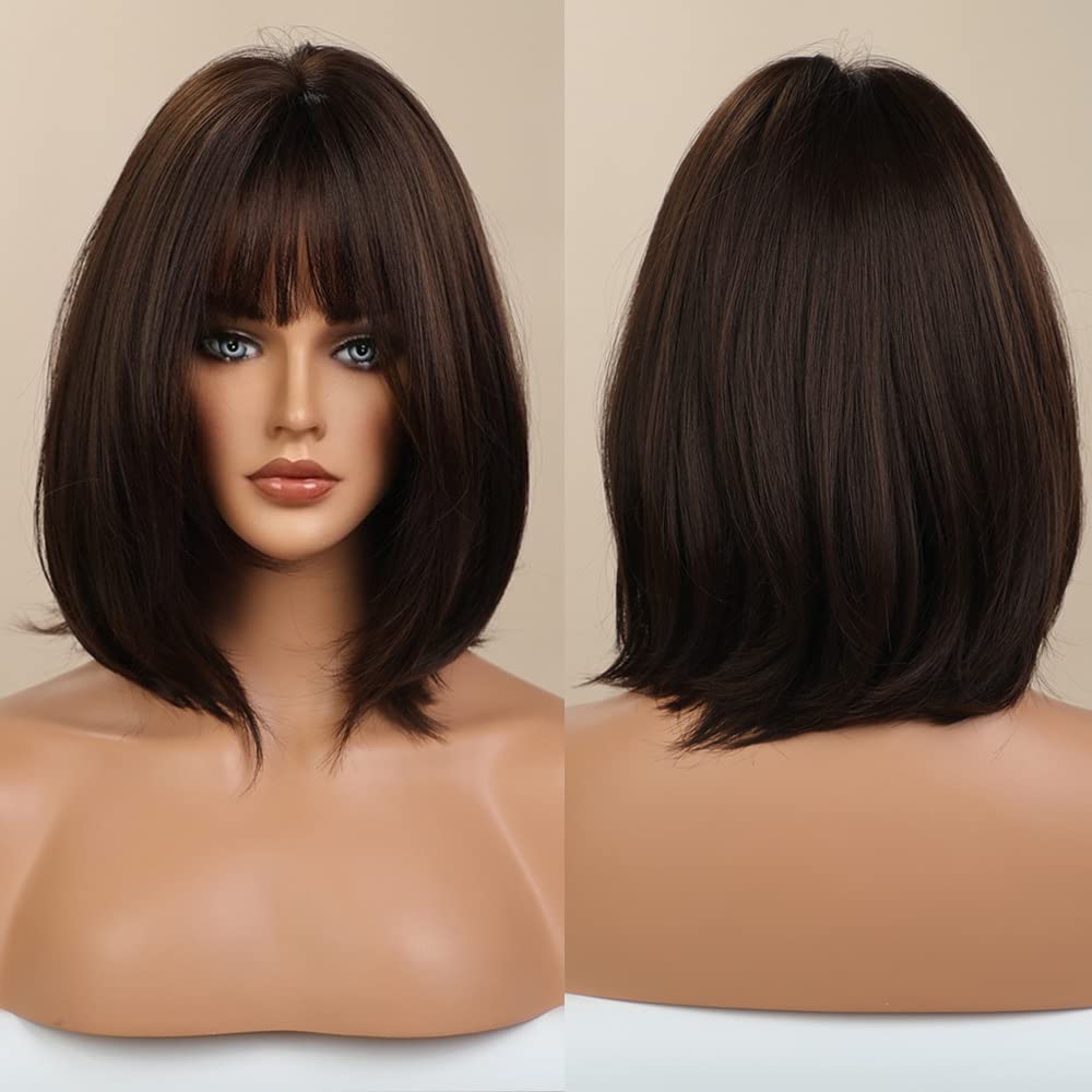 Emmor Dark Brown Bob Wigs For Women Shoulder Length Synthetic Wig With Fringe Bangs High Heat Resistant Wig(Dark Brown)