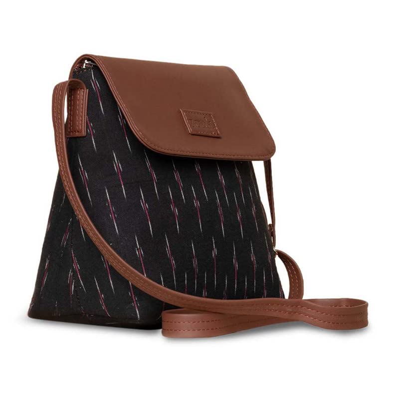 ZOUK Ikat GreRed Striped Printed Womens Hand Crafted Black Flap Sling Bag