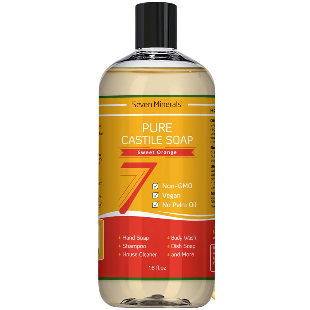 Pure Castile Soap, Sweet Orange - No Palm Oil, GMO-Free - Gentle Liquid Soap For Sensitive Skin & Baby Wash - All Natural Vegan 