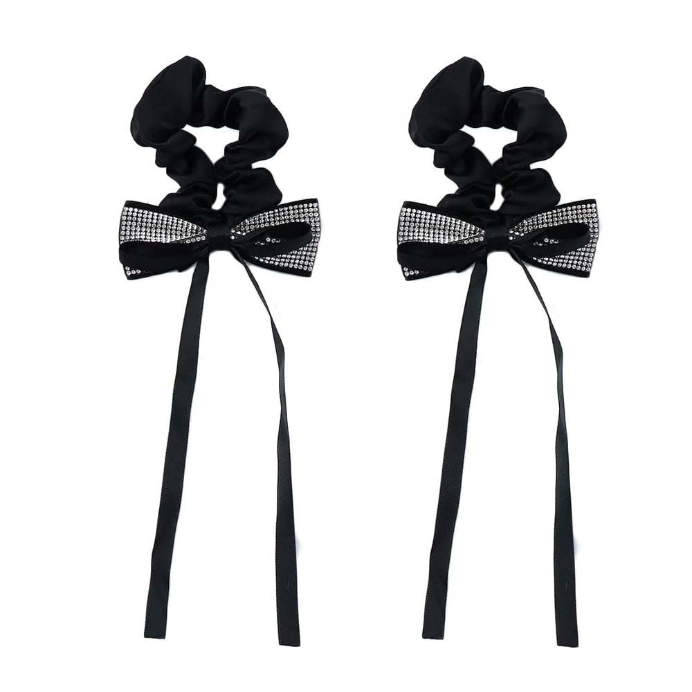Leadigol 2 Pieces Black Bow Rhinestone Scrunchie,Rhinestone Ponytail Holder, Elastic Hair Ties Ponytail Holders,Bow Hair Ropes H