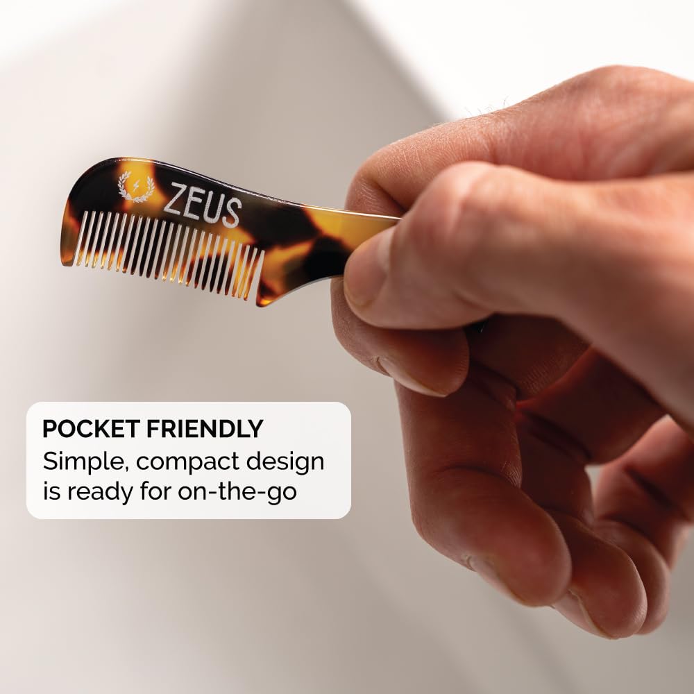 ZEUS 3-Pack Handmade Saw-Cut Mustache Comb, Fined Toothed, Durable Cellulose, Hand Polished, Pocket Comb & Beard Comb for Mustac