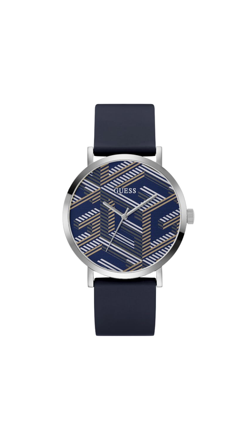 Guess MenS Silicone 44.0Mm Analog WatchNavy Strap Navy Dial Silver Tone Case