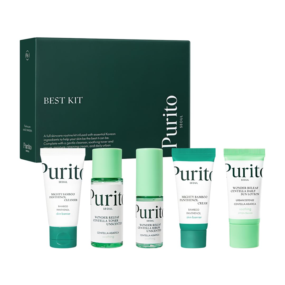 PURITO SEOUL Best Kit - Skincare Routine with Panthenol Cleanser & Cream, Unscented Centella Serum & Toner, For All Skin Types, 