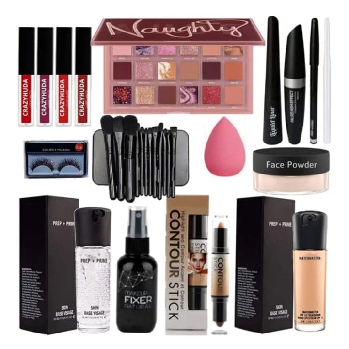 Crazy Huda Waterproof Lipstick 4 Pcs, Eyeshadow, Kajal Liner Mascara, White Kajal, Makeup Blander, Loose Face Powder, Brush Box,
