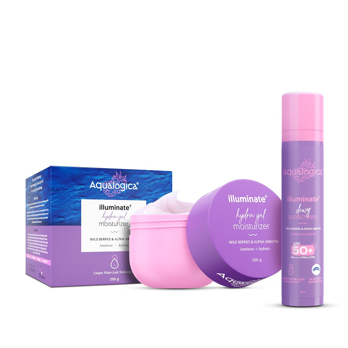 Aqualogica Illuminate+ Protect & Hydrate Kit|Illuminate+ Dewy Sunscreen Spf 50+ Pa++++ (50 G) + Illuminate+ Hydra Gel Moisturize