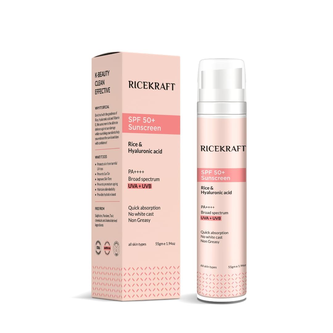 Ricekraft SPF 50+ Korean Sunscreen with Rice & Hyaluronic Acid for Broad Spectrum, PA++++ Protection | Light weight | Quick abso
