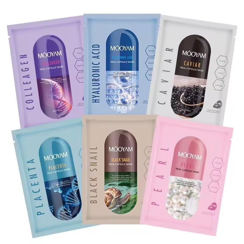 Mooyam Hydrating Facial Sheet Masks, Hyaluronic Acid, Soothing For All Skin Types, Brightens Skin, Pack Of 6