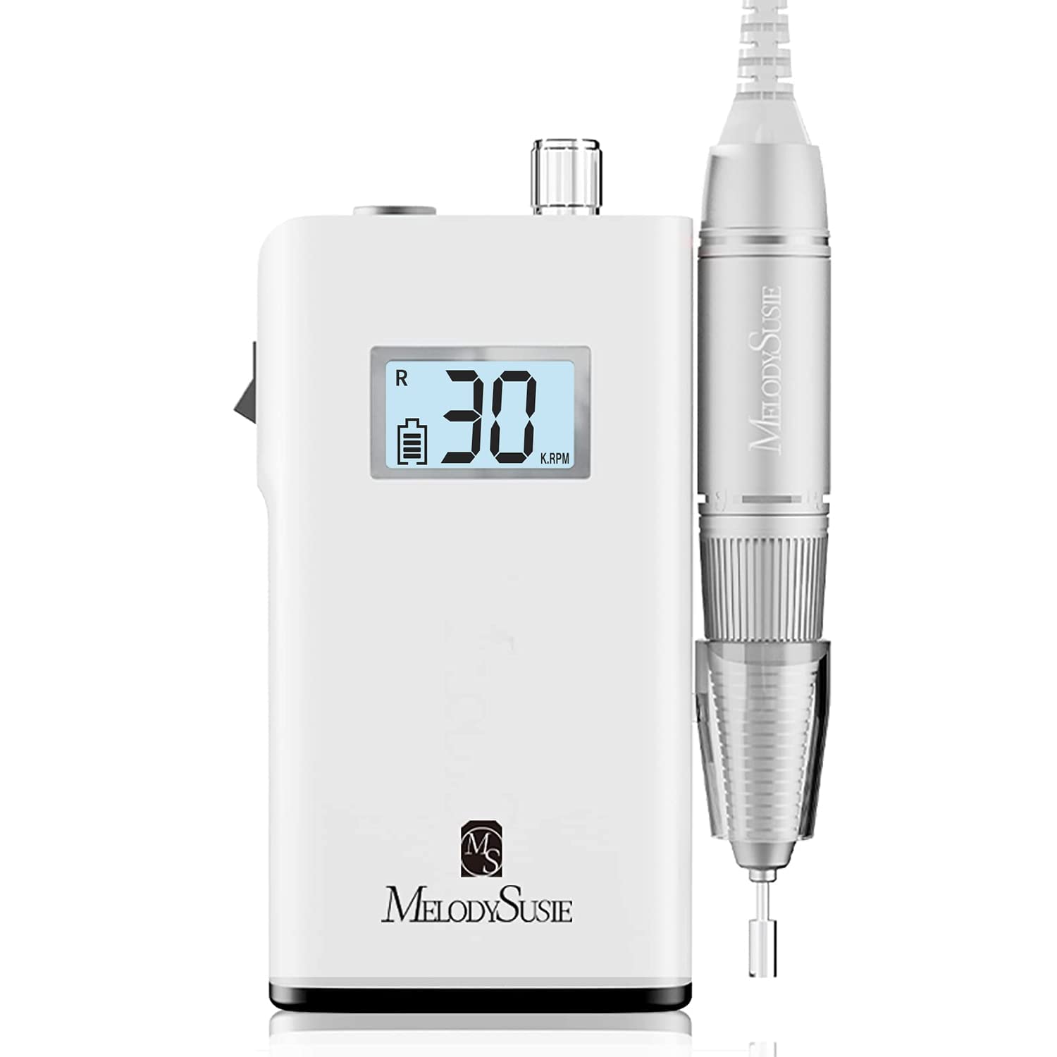 MelodySusie Nail Drill E File 30000 rpm, Portable 2 Piece Set, Aluminum, White, Model DR-2036 for Manicure Pedicure