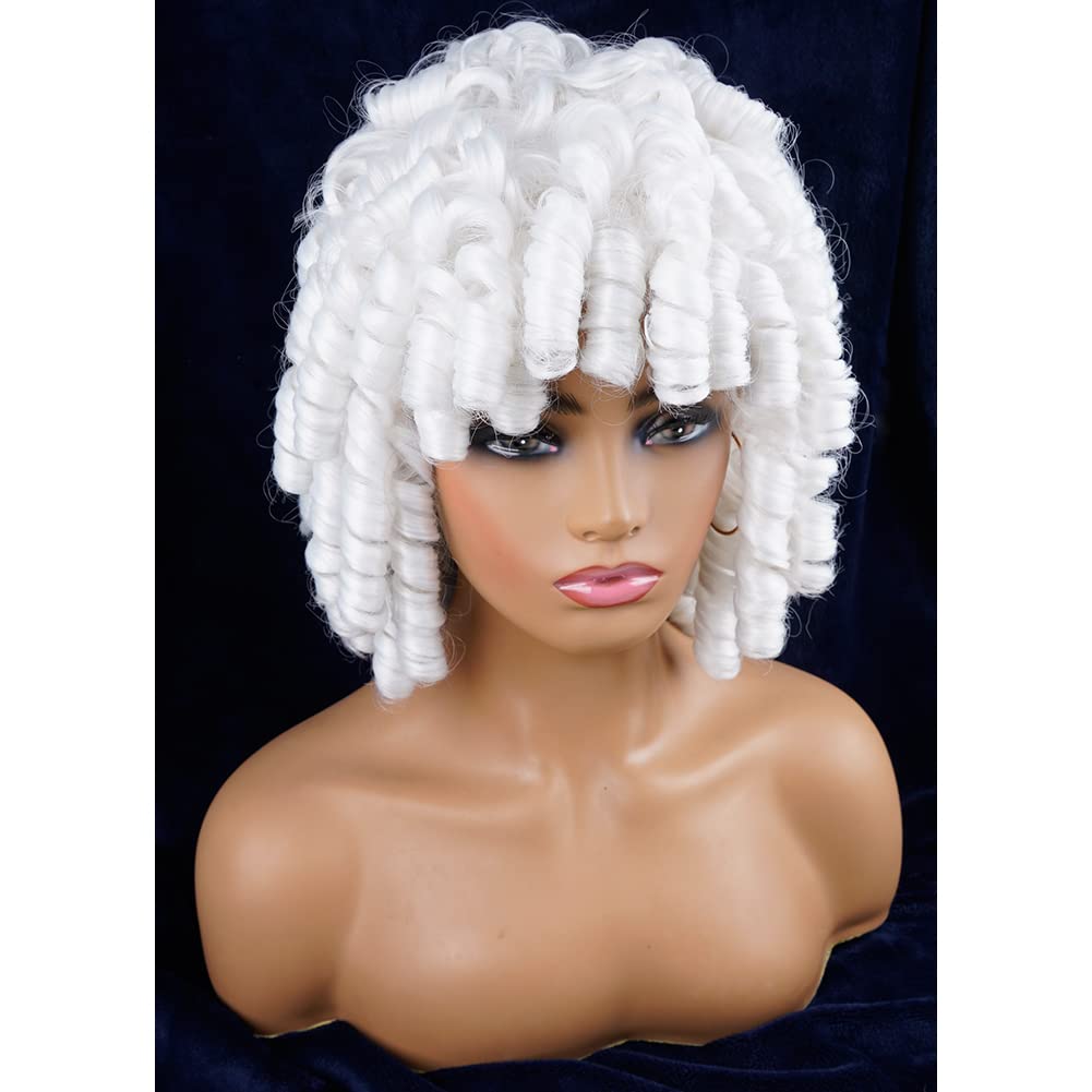 Andromeda White Curly Wigs For Black Women White Soft Short Curly Wig With Bangs Heat Resistant Synthetic Fiber Hair Cosplay Par