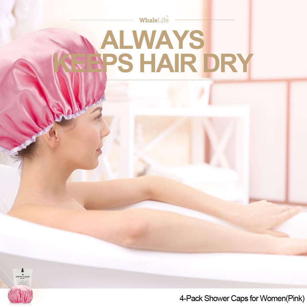 Shower Cap For Women Reusable Extra Large Shower Cap For Men (Pink 4 Pack Large) Satin Double Layer Eva Waterproof Long Hair Cap