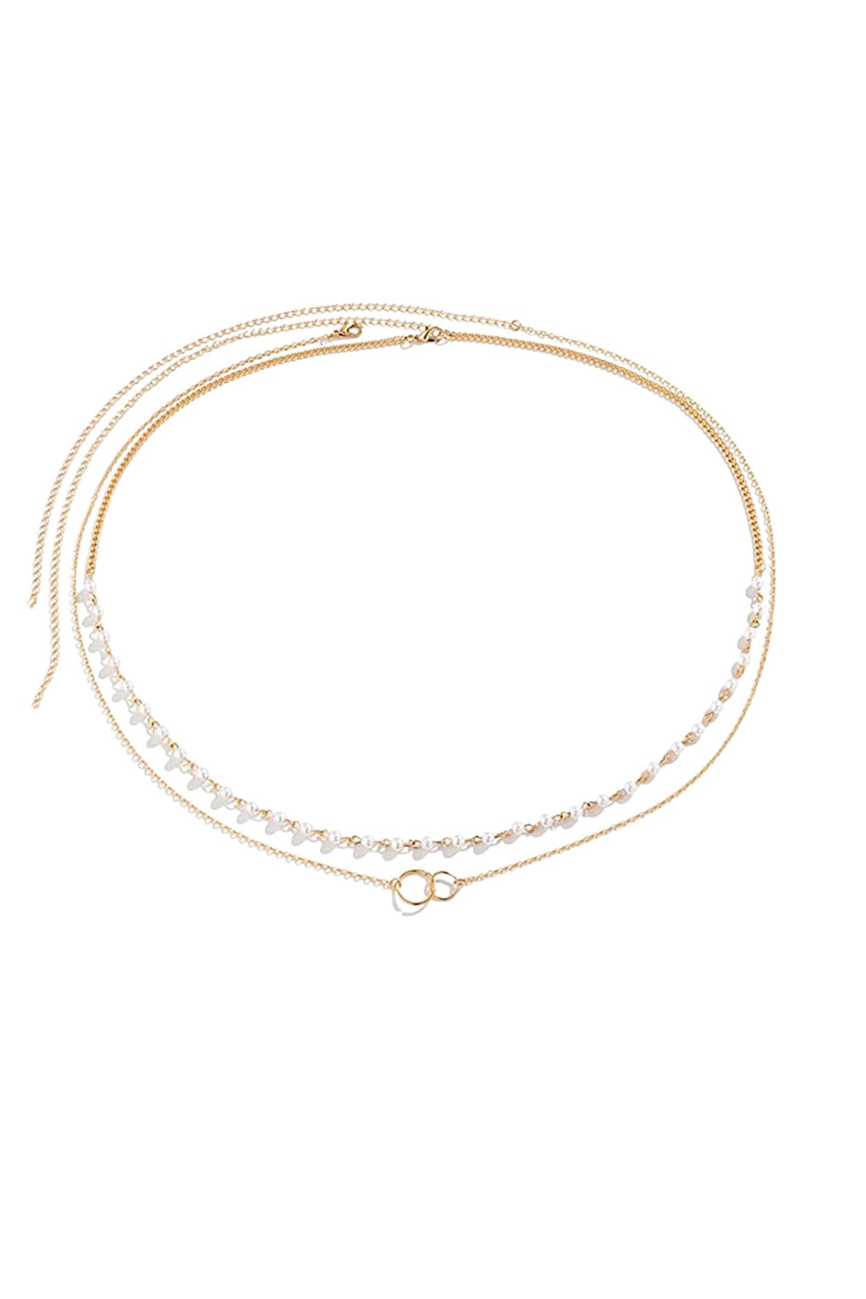 Fabme WomenS Waist Chain  Stylish Saree Gold Plated Belly Chain Pearl Embellished  Two Layer Body Hip Chain For The Waist Lad