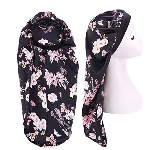 Extra Long Colorful Satin Bonnet Sleep Cap Long Bonnet for Braids Hair Loose Cap (Black Flowers)