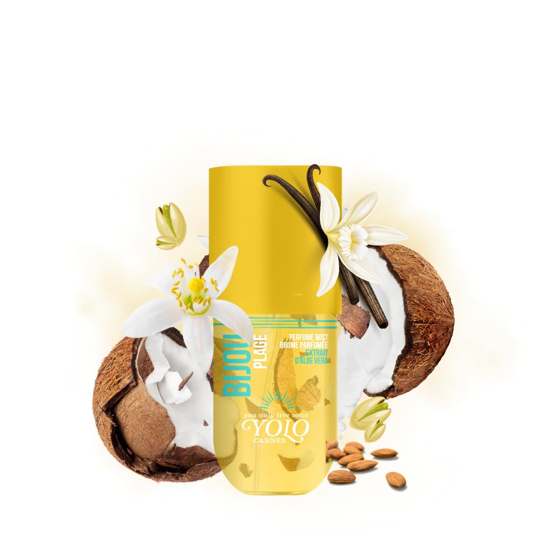 Yolo Cannes Bijou Plage  Light and Addictive Perfume Mist  Notes of Almond, Coconut, and Vanilla  Multi Use for Hair and Skin