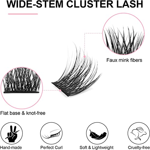 Fenshine Cluster Lashes Extensions Kit, 144 Pcs Individual Lashes Extension Kit with Lash Bond & Seal and Applicator, Wide Stem