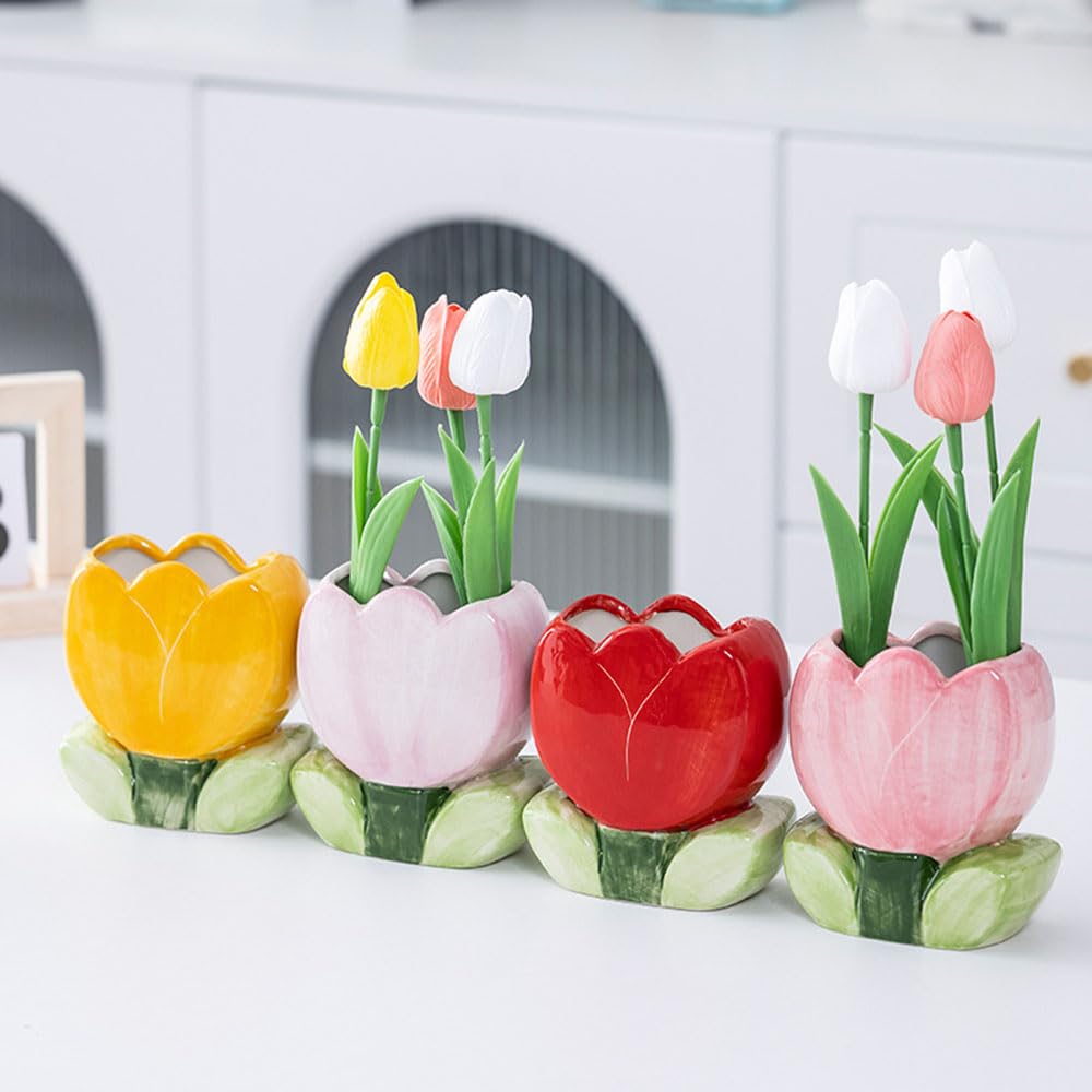 Amzwish Ceramic Tulip Flower Design Makeup Brush Holder Stand For Countertop, Vanity Table, Desk, Organizer For Bathrooms, Kitch