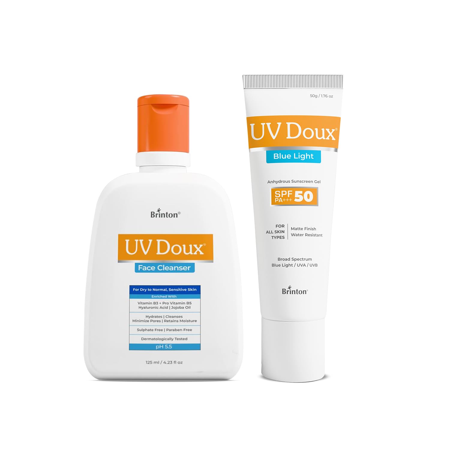 Brinton UV Doux Face Cleanser (125ml) + Brinton UV Doux Blue Sunscreen Gel SPF 50 PA+++ (50g) for HEV Blue Light Protection from
