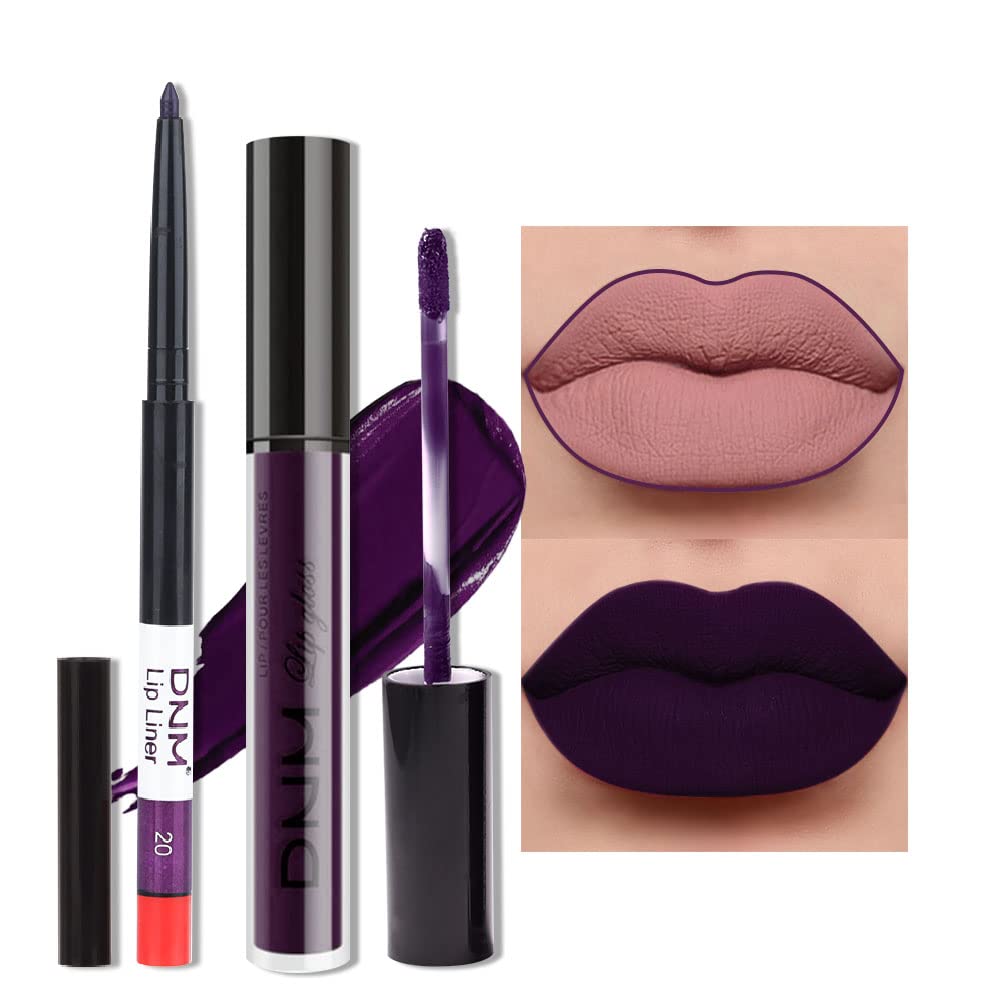 Evpct 2Pcs Dark Deep Purple Plum Black Matte Lipstick And Lip Liner Pencil Makeup Set For Women Dnm Matte Smudge Proof Lipstick