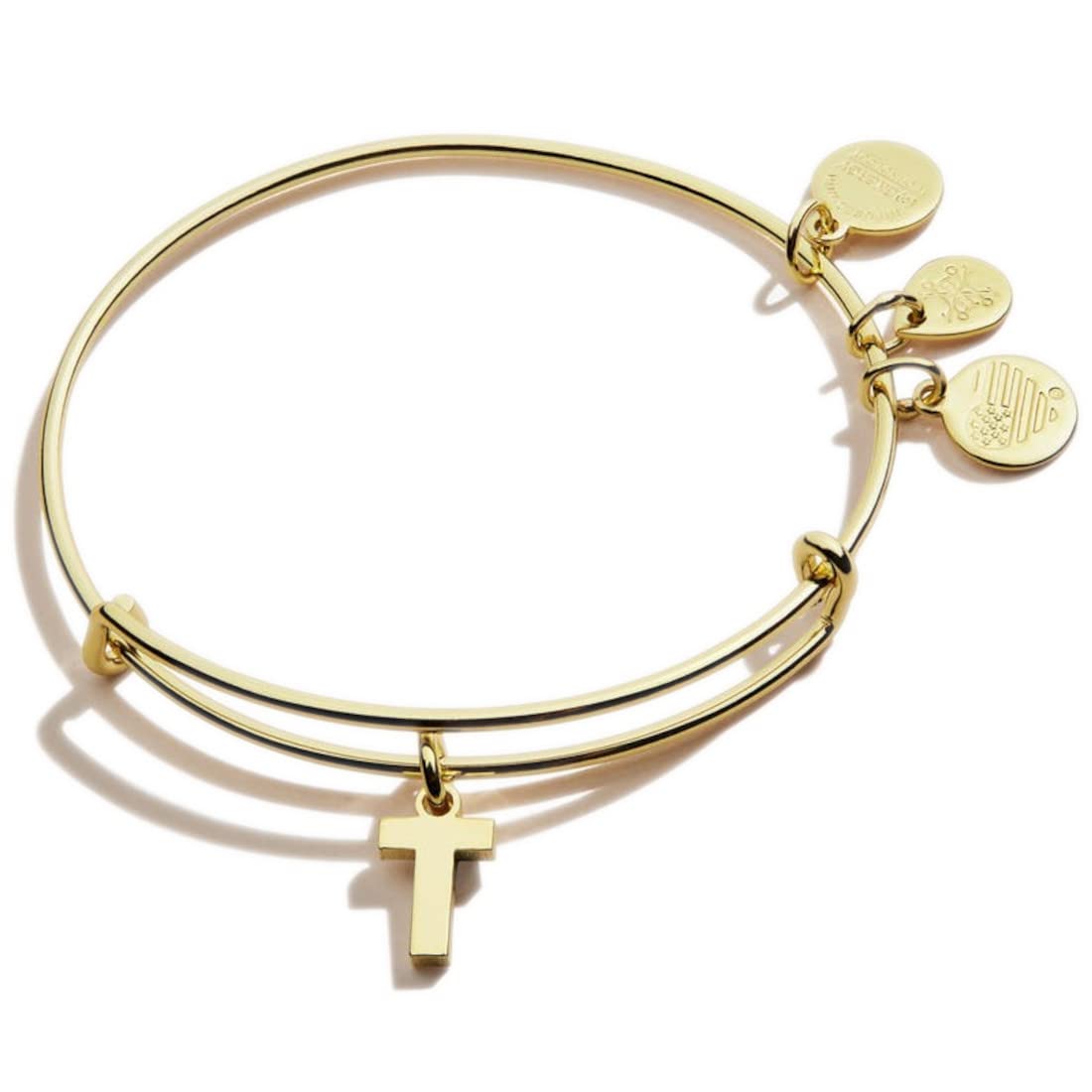 Alex and Ani Expandable Bangle for Women, Initial T Letter Charm, Shiny Gold Finish, 2 to 3.5 in